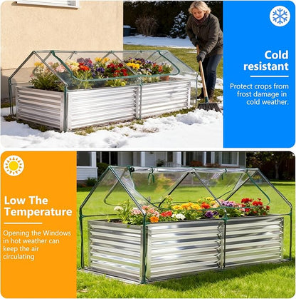 DUMOS Raised Garden Bed with Cover, 6x3x2ft Planter Box Outdoor for Deep-Rooted Herbs/Flowers/Vegetables, Large Metal Garden Bed Mini Greenhouse for Patio, Balcony and Backyard, Silver