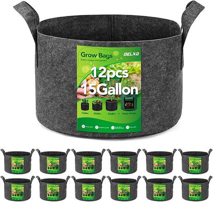Delxo 12-Pack 15 Gallon Heavy Duty Aeration Fabric Pots Thickened Nonwoven Plant Grow Bags Grey