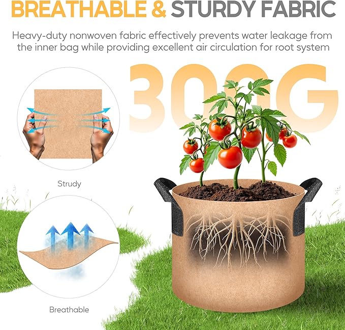 YSSOA Grow Bags 12 Pack 7 Gallon 300G Reusable Breathable Gardening Pots with Handles Non-Woven Fabric Plant Bags, Heavy Duty Planting Bags for Grow Tent Hydroponic & Outdoor Vegetables Tomatoes, Tan