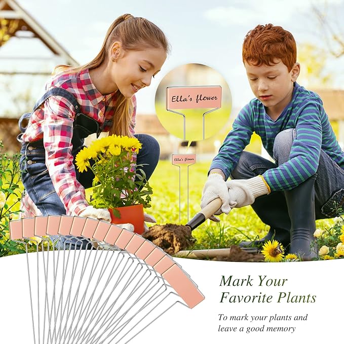 LEIFIDE 61 Pieces Metal Plant Tags Kit, 30 Pcs Copper Metal Plant Labels, 30 Rainproof PET Films, 1 Marker Pen, Reusable Garden Markers Nursery Tags(Square)