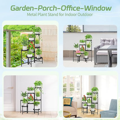iDavosic.ly Plant Stand Indoor Outdoor, 7 Tier Corner Metal Flower Display Holder Shelf, Easy Assembly Folding Tall Orchid Rack for Patio Balcony Porch Garden Living Room House, Black