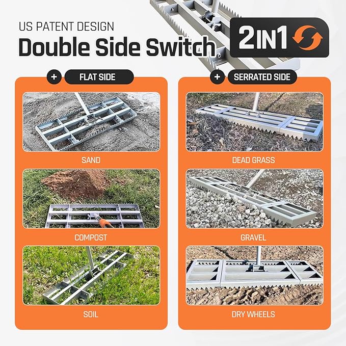 Lawn Leveling Rake, 2-in-1 Double Side can Switch, with 20pc Marking Flags to Mark Low Spot, Stainless + Powder-Coat, FLAT Level Soil/Dirt/Compost on Lawn, SERRATED Rake Dead Grass/Ruts/Gravel on Yard