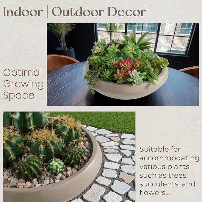 Bowl Planter 19" Dia x 6.3" H Large Succulent Pot with Drain Hole, 16.7" Opening Concrete Flowerpot for Indoor Outdoor Plants Herbs Bonsai, Round Planters for Home, Patio, Garden, Medium-Natural