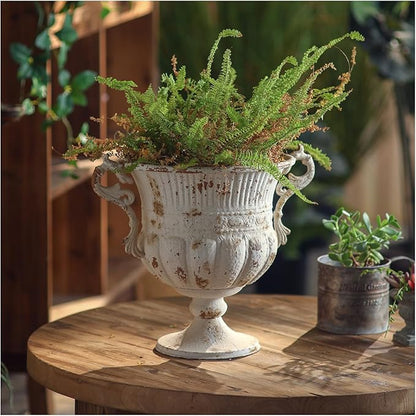 Balcony Vintage Style Distressed White Metal Indoor Outdoor and Garden Planter European Retro Rustic Shabby Chic Iron Flower Pot with Handle for Home Decor