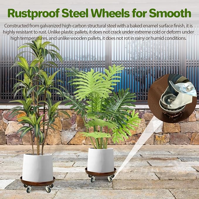 Plant Saucer 13" Rolling Plant Caddy Rolling Plant Stand with Wheels – Heavy Duty Metal, Locking, Sturdy, Rust-Resistant Finish, and Easy to Move, 350 lb Capacity