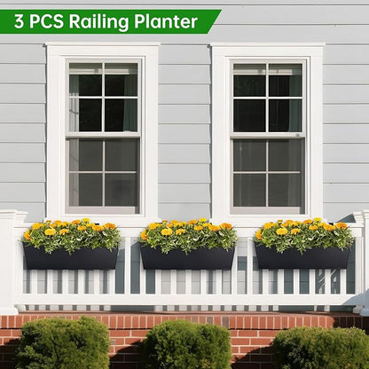 OGIMA 16-Inch Railing Planter Box, 3 Pack Large Hanging Planters for Outdoor Plants with Adjustable Wide Hooks for 2.7'' Railings - Balcony Planters Railing Hanging for Deck, Fence & Patio Decor