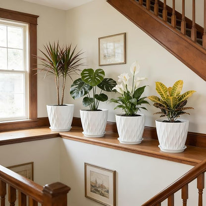 8 Inch Plant Pots, 4 Pack Plastic Planters for Indoor Outdoor with Drainage Holes & Saucers, Waffle Texture Flower Pots for Indoor Plants, Indoor Plant Pots for Monstera, Fiddle Leaf Fig, White