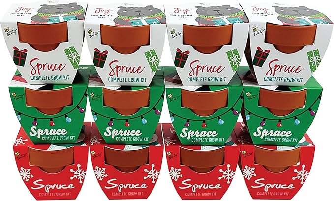BUZZY Seeds Holiday Mini Spruce Kit 12-Pack – Terracotta Pots with Bear, Penguin, and Snowman Designs, All-in-One Tree Seed Starter Set, Stocking Stuffer, Party Favor