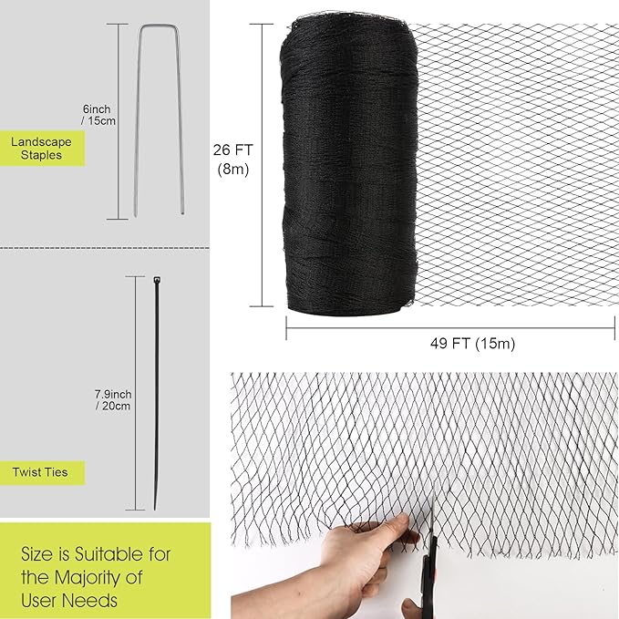 Bird Netting for Garden, 26 x 49FT Heavy Duty Anti Bird Netting Mesh with Ties and Landscape Staples for Vegetable, Fruit Trees & Other Plants, Lasting Against Birds Squirrels and Poultry, Black