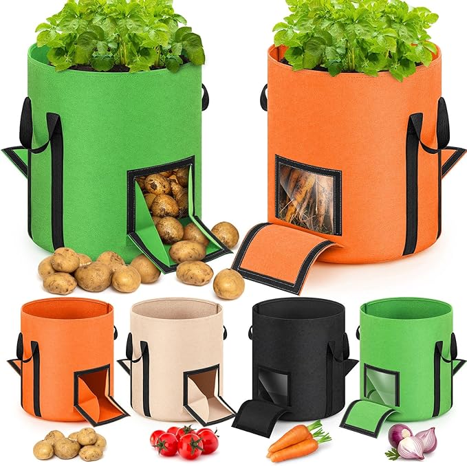 4 Pcs Upgraded Potato Grow Bags 10 Gallon with Harvest Window Visible Window Planting Bags Gardening Pots Thickened Nonwoven Planter for Growing Potato Tomato Vegetable (Multicolor)