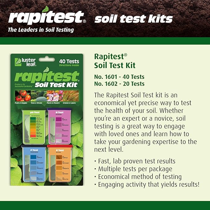 Rapitest Soil Test Kit for Gardens, Vegetables, Flowers and Lawns. USA designed and assembled soil tester completely, quickly and accurately measures/analyzes soil pH acidity and garden nutrients