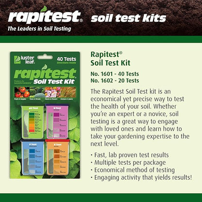 Rapitest Soil Test Kit for Gardens, Vegetables, Flowers and Lawns. USA designed and assembled soil tester completely, quickly and accurately measures/analyzes soil pH acidity and garden nutrients