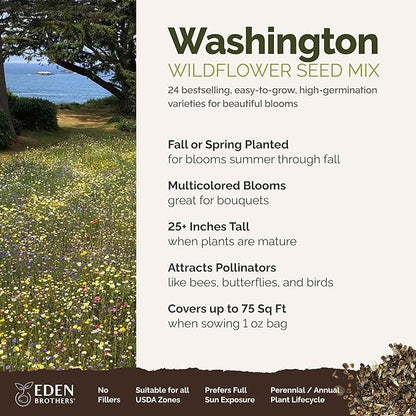 Eden Brothers Washington Wildflower Mixed Seeds for Planting, 1 oz, 30,000+ Seeds with Cosmos, Bluebell | Attracts Pollinators, Plant in Spring or Fall, Zones