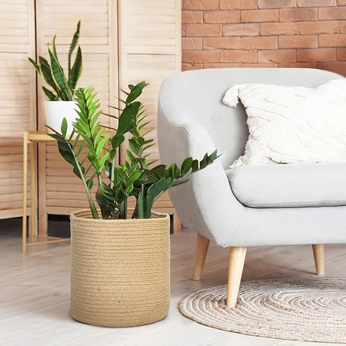 Woven Jute Plant Basket, Wicker Basket Planter for 11 inch Pot, Round Indoor Tree Pot Cover, Small Boho Storage Bin Organizer, Rustic Planter and Home Decor, 12.5” x 12.5”