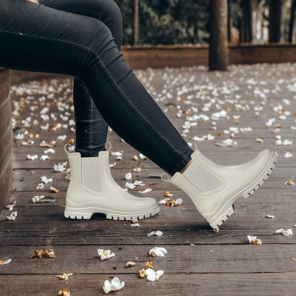 DKSUKO Rain Boots Women Waterproof Chelsea Boots Ankle Garden Shoes for Ladies Rubber Short Rainboots with Removable Comfort Insole for Outdoor Work Deck Mud Boots