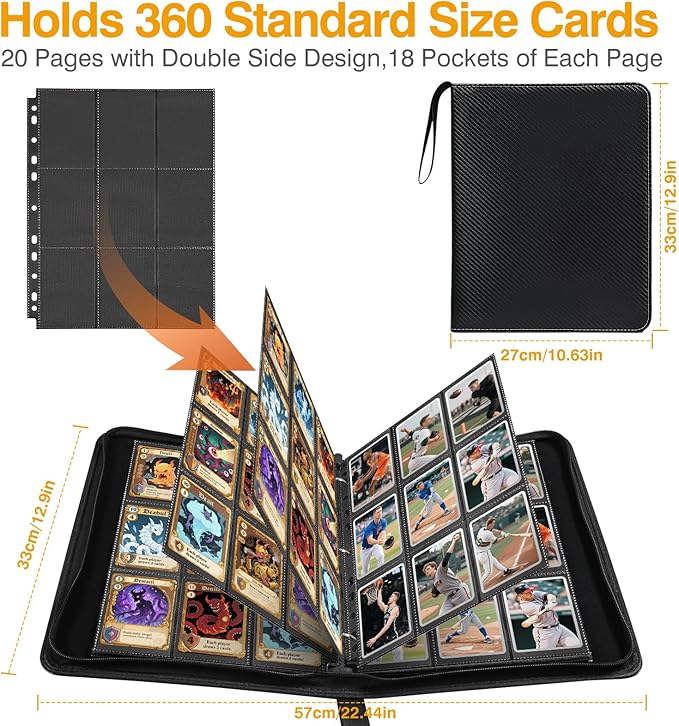 20 Pack 360 Pockets Black Trading Card Sleeves Binder Sheets, Double Sided Thicken Game Card Sleeves for 3 Ring Binder, 9 Pocket Side Loading Page Protector for MTG, Yugioh, Game, Baseball Cards