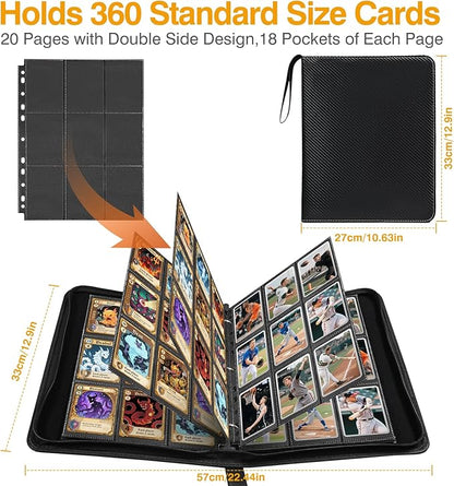 20 Pack 360 Pockets Black Trading Card Sleeves Binder Sheets, Double Sided Thicken Game Card Sleeves for 3 Ring Binder, 9 Pocket Side Loading Page Protector for MTG, Yugioh, Game, Baseball Cards