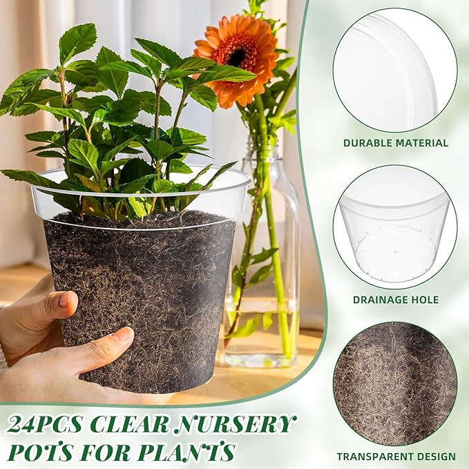 Maxcheck 24 Pcs Thick Clear Nursery Pots for Plants Transparent Plastic Garden Pots with Holes for Seedling Variety Plants Growing in Garden Home (8 Inch)