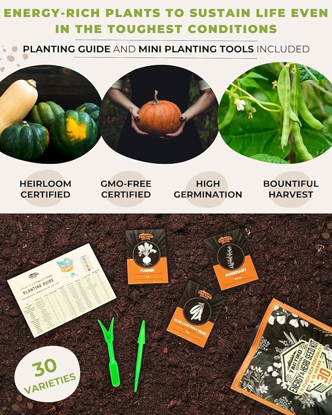 Tactiko Survival 30 Calorie-Dense Veggies & Popular Herbs - Ultimate Energy Seed Kit - USA-Grown Non-GMO Heirloom Seeds - Mylar-Bag for Long-Term Storage, Emergency Food Supply Gardening