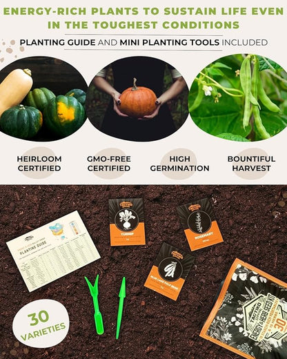 Tactiko Survival 30 Calorie-Dense Veggies & Popular Herbs - Ultimate Energy Seed Kit - USA-Grown Non-GMO Heirloom Seeds - Mylar-Bag for Long-Term Storage, Emergency Food Supply Gardening