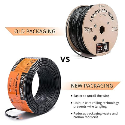 Wirefy 12/2 Low Voltage Landscape Wire 250 ft | Low Voltage Landscape Lighting Wire | Pure Copper | Outdoor Direct Burial | 12-Gauge 2-Conductor 250 Feet | UL Listed