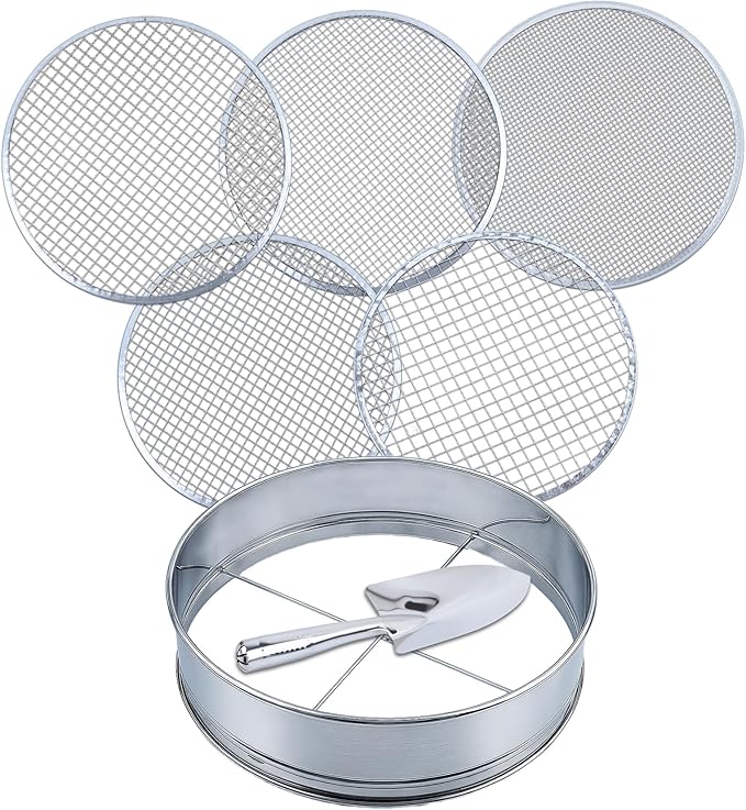 5-in-1 Soil Sifter Set with 5 Replaceable Stainless Steel Mesh Screen & Shovel (1/8" to 1/2"), Soil Sifter for Soils, Compost, Bonsai, Cat Litter and More（11-5/8" Diameter）