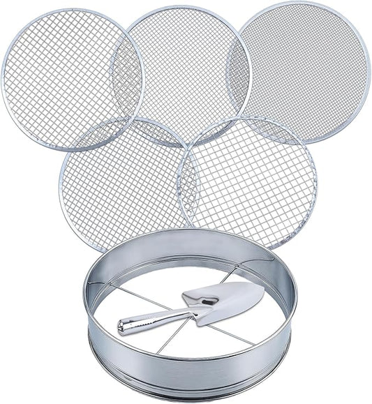 5-in-1 Soil Sifter Set with 5 Replaceable Stainless Steel Mesh Screen & Shovel (1/8" to 1/2"), Soil Sifter for Soils, Compost, Bonsai, Cat Litter and More（11-5/8" Diameter）