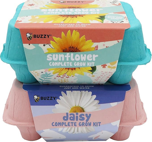 Buzzy Seeds Flower Starter Kit | 2-Pack Eco-Friendly Colorful Egg Cartons | Sunflower & Daisy Seeds | Indoor Flower Grow Kit | Gardening Gift | Ideal for Easter or Mother's Day Gifting