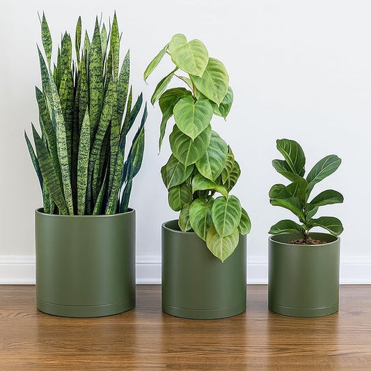 D'vine Dev 10 Inch 12 Inch 14 Inch, Set of 3 Plastic Planter Pots for Plants with Drainage Hole and Seamless Saucers, Olive, XX-Large, 74-V-I-6