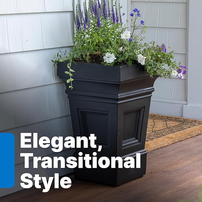 Step2 Atherton Square Planter, Large Planters for Outdoor Plants, Gardening and Flower Pot for Patio or Porch, Efficient Drainage, Durable Plastic, Onyx Black
