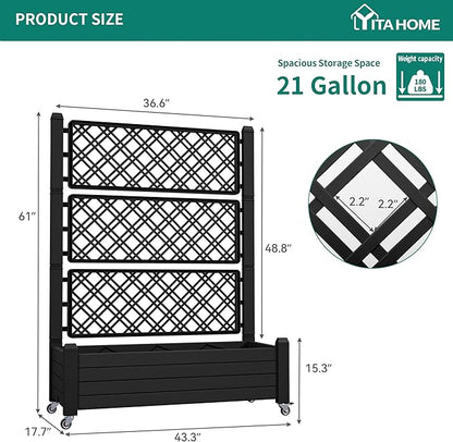 YITAHOME 3.6x1.5x5 FT Planter Box Trellis with Wheels, Large Outdoor Plastic Raised Garden Bed with Drain Plug for Climbing Plants, Black