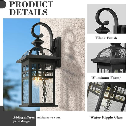 Emliviar Black Exterior Lighting Fixture, 22 Inch Farmhouse Outside Lights for House with Water Ripple Glass, DE281B-M BK-WP