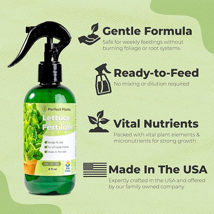 Premium Lettuce and Leafy Greens Fertilizer by Perfect Plants | Liquid Spray Plant Food for Outdoor and Indoor Gardens | Professional Spray Fertilizer 10-0-10 (8 fl oz)