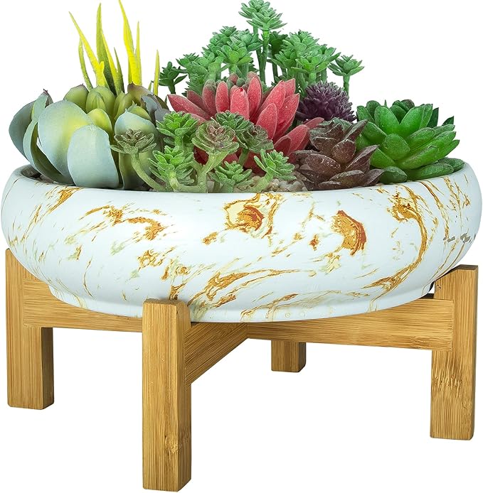 ARTKETTY Succulent Pot, Large Succulent Planters with Stand, 10 Inch Ceramic Bonsai Pots with Drainage Round Marble Cactus Flower Plant Bowl for Indoor/Outdoor