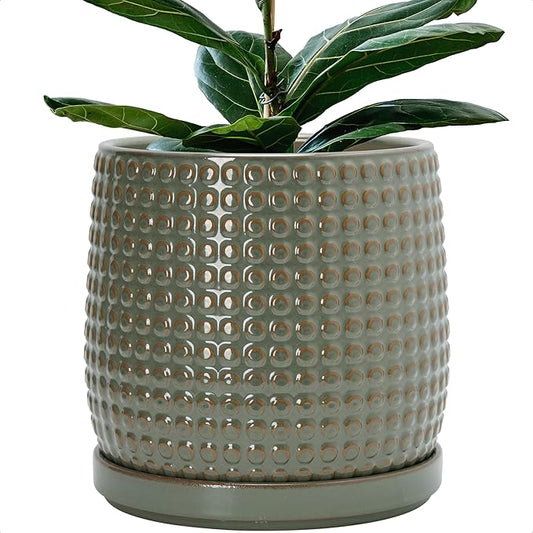 D'vine Dev 10 Inch Ceramic Beaded Stoneware Planter Pot - Flower Pot with Drainage Holes and Saucers for Indoor Succulent Plants or Flowers, Olive, 27-C-P-0