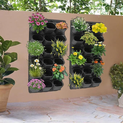 Vertical Wall Planter, Stackable Wall-Mounted Planter Indoor Outdoor w/36 Plastic Pots Living Wall Garden w/36 Non-Woven Fabrics Vegetable Hanging Pocket Holder Flowerpot (Black)
