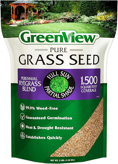 GreenView Pure Grass Seed Perennial Ryegrass Blend, 3 lb. Bag – Covers up to 1,500 sq. ft.