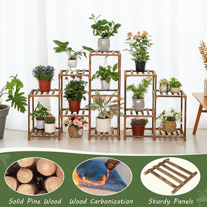 Uneedem Wood Plant Stand Indoor Outdoor Corner Plant Shelf Stand, 5 Tiered 10 Potted Flower Plant Stands for Indoor Plants Multiple, Plant Shelves Stands Rack for Living Room, Patio, Balcony