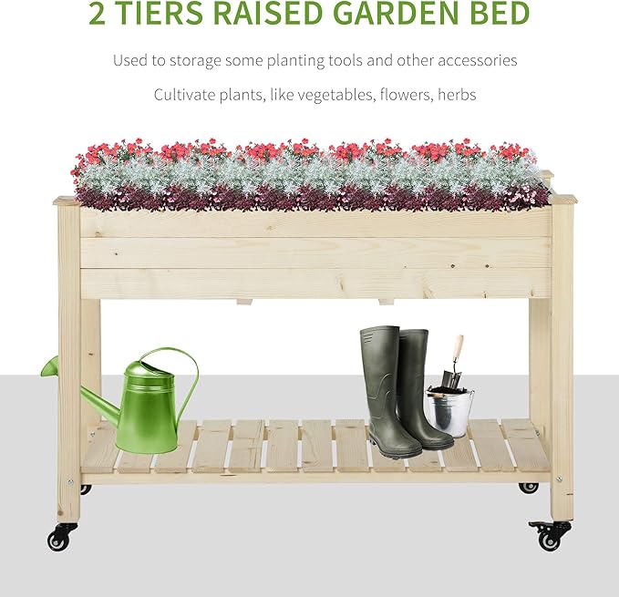 Outsunny Raised Garden Bed, 47" x 22" x 33", Elevated Wooden Planter Box w/Lockable Wheels, Storage Shelf, and Bed Liner for Backyard, Patio, Natural