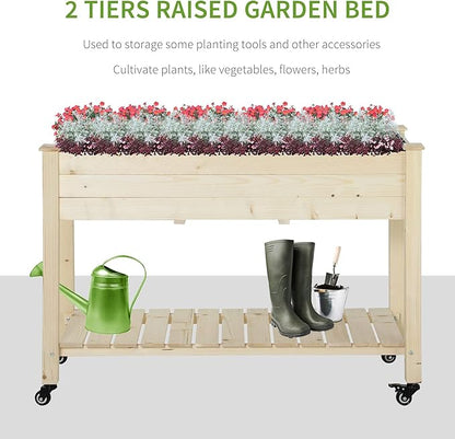 Outsunny Raised Garden Bed, 47" x 22" x 33", Elevated Wooden Planter Box w/Lockable Wheels, Storage Shelf, and Bed Liner for Backyard, Patio, Natural