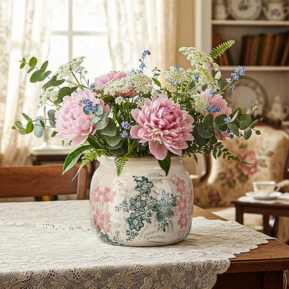 Vintage Planter Large Ceramic Plants Pot Green Pink Rose Ice Cottage Scroll Vase Flower Vase Pot Indoor Plants Home Decor Farmhouse Antique Decorative Gifts