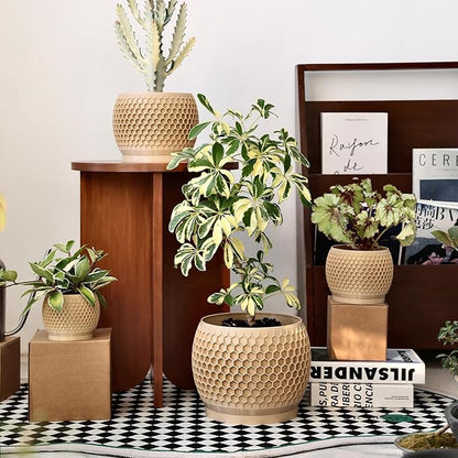 Plant Pots, Modern 3D Printed Honeycomb Planters for Indoor Plants, 4.7/6/8/10 Inch Wood Decorative Flower Pot for Office Desktop, Bookshelf & Home Decor, Lightweight & Durable.