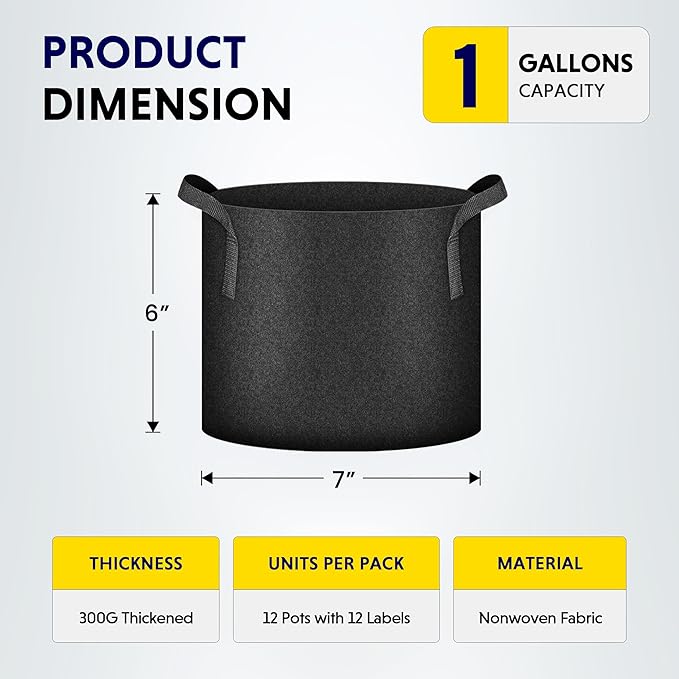 iPower 12-Pack 1 Gallon Grow Bags Heavy Duty Thickened Aeration Nonwoven Fabric Pots with Nylon Handles and 12 Labels for Planting Vegetables, Fruits, Flowers, Black