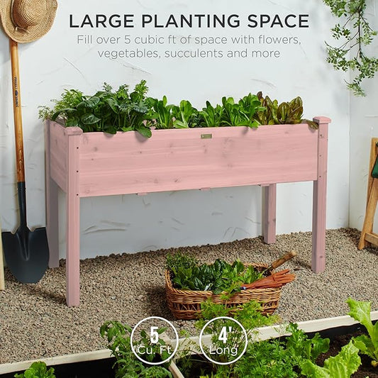 Best Choice Products 48x24x30in Raised Garden Bed, Elevated Wood Planter Box Stand for Backyard, Patio, Balcony w/Bed Liner, 200lb Capacity - Pink