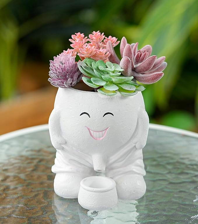 Quirky Cute Planter with Smiley Face,Pee Plant Pot,Naughty Boy Plant Face Pot with Drainage Hole,for Indoor Outdoor, Christmas, Mather's Day Gift(Naughty Boy,White)