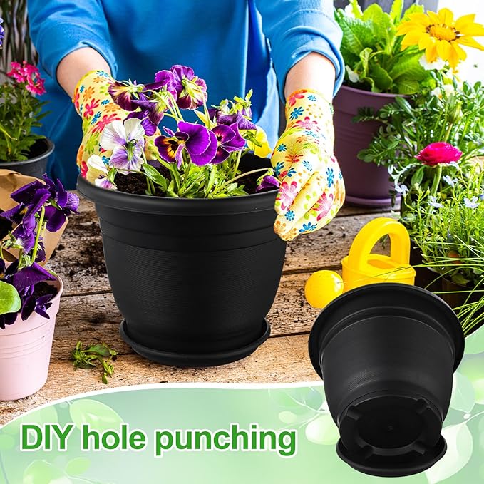 12 Pack 12' Plastic Plant Pots Round Planter Pots with Saucer Tray Seedling Pot Hole Seed Resin Plant Pot Starting Nursery Flower Container with Pallet for Garden Outdoor Indoor(Black)