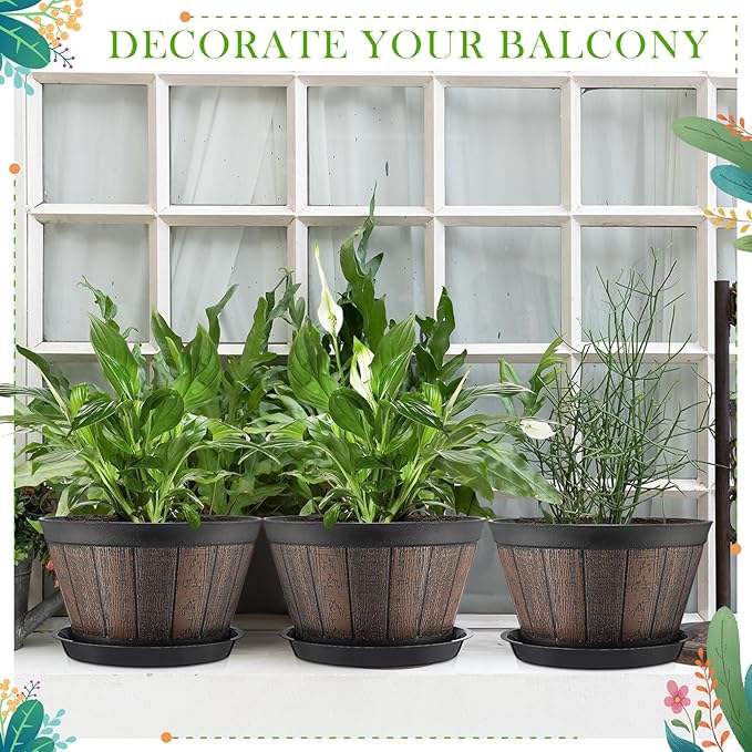 Layhit 10 Pack 9.8 Inch Whiskey Barrel Planter Flower Pot Plant Pots with Drainage Holes and Saucers Garden Planter Imitation Wine Design Plastic Barrel for Indoor Outdoor Plants Garden (Coffee Brown)