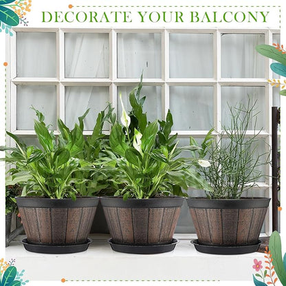 Layhit 10 Pack 9.8 Inch Whiskey Barrel Planter Flower Pot Plant Pots with Drainage Holes and Saucers Garden Planter Imitation Wine Design Plastic Barrel for Indoor Outdoor Plants Garden (Coffee Brown)