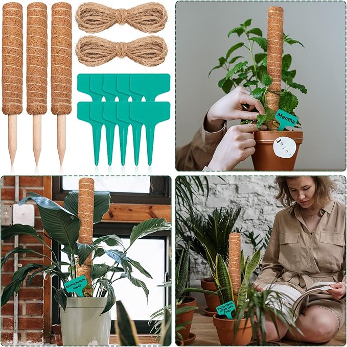 10 Pack Moss Pole, 112 Inch Coir Moss Pole for Plants Monstera, Plant Pole for Climbing Indoor Plants Potted Plants, Plant Sticks Support Extension with 30 Pcs Plant Labels and 5 Pcs Garden Ties