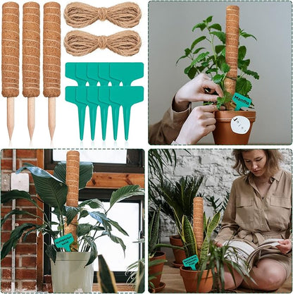 10 Pack Moss Pole, 112 Inch Coir Moss Pole for Plants Monstera, Plant Pole for Climbing Indoor Plants Potted Plants, Plant Sticks Support Extension with 30 Pcs Plant Labels and 5 Pcs Garden Ties